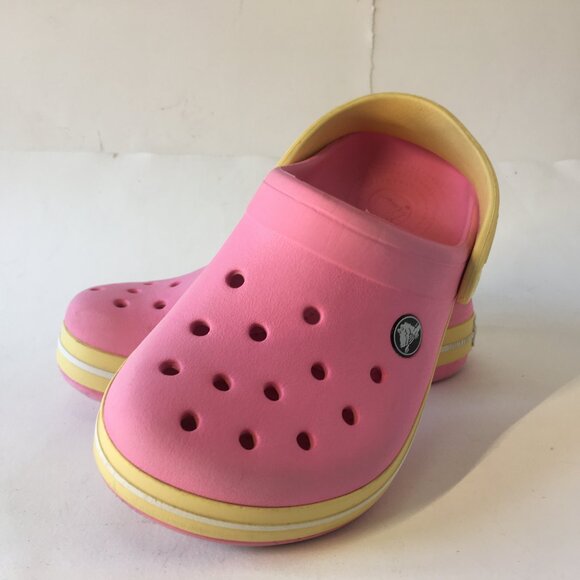 Girls Crocs Pink and Yellow Clogs Size J 1 Kids Shoes Original - Picture 4 of 14